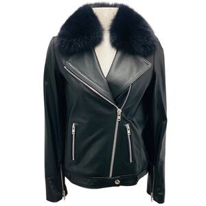 SAMANTHA SIPOS BLACK FOX FUR TRIMMED SHEARLING LINED CALF LEATHER JACKET